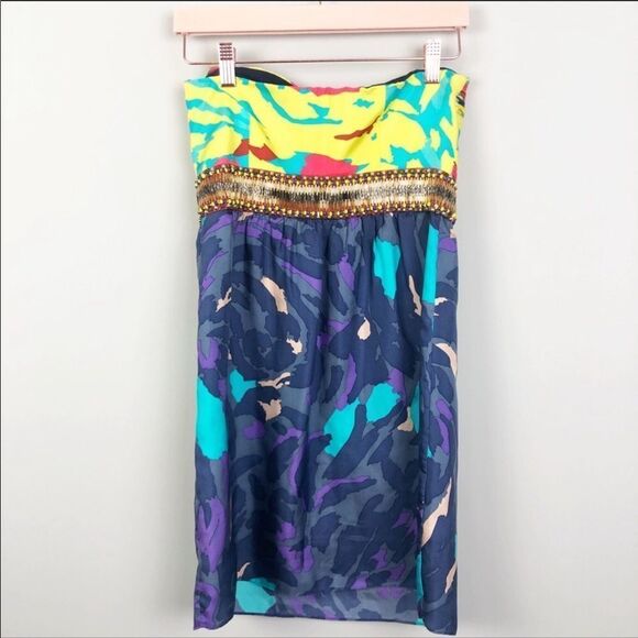 TIBI | Silk Abstract Multiprint Beaded Strapless Dress Women’s Size 2 - Picture 6 of 8